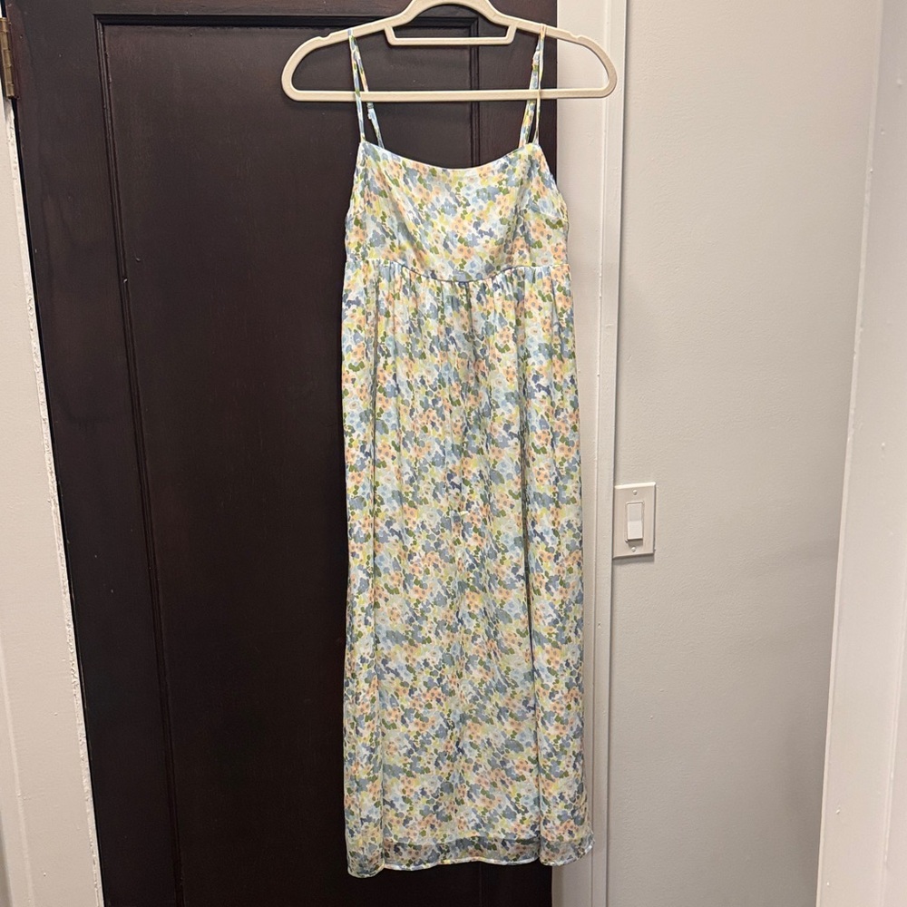 Light Floral Spaghetti-Strap Midi Dress - Pastel Yellow & Blue